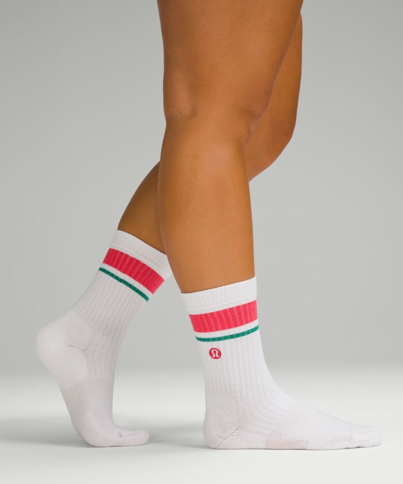Lululemon Women's Daily Stride Ribbed Comfort Crew Socks *Stripe White / Coralize / Cascadia Green Online Outlet Sale