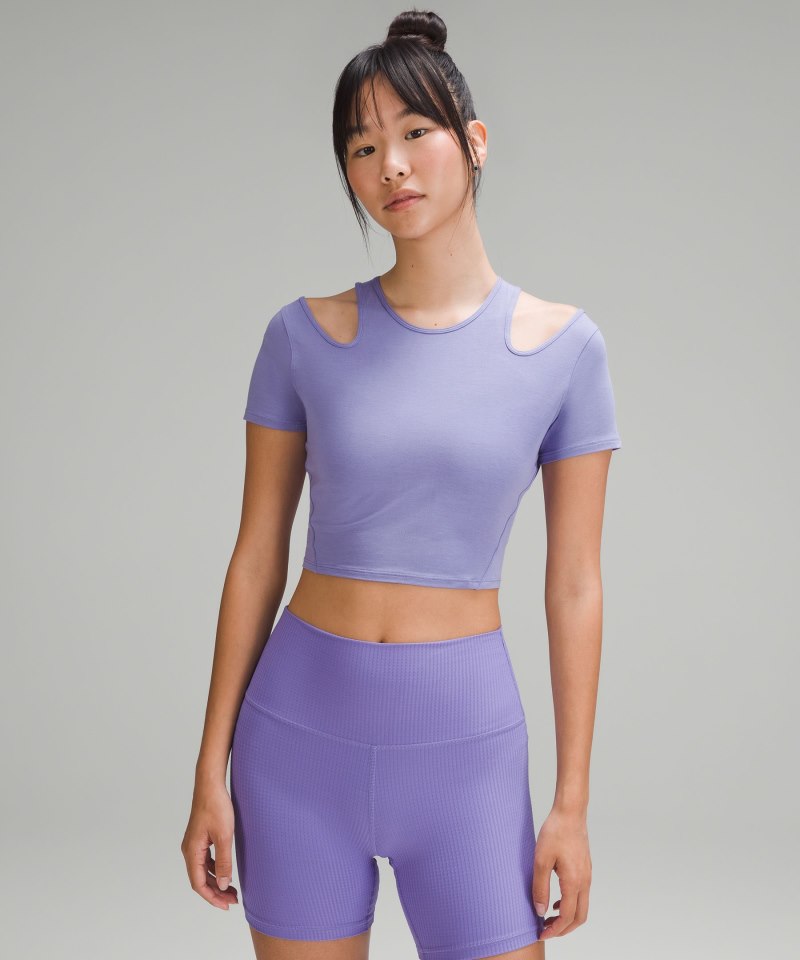 Lululemon Shoulder Cut-Out Yoga T-Shirt Dark Lavender Online Outlet Sale