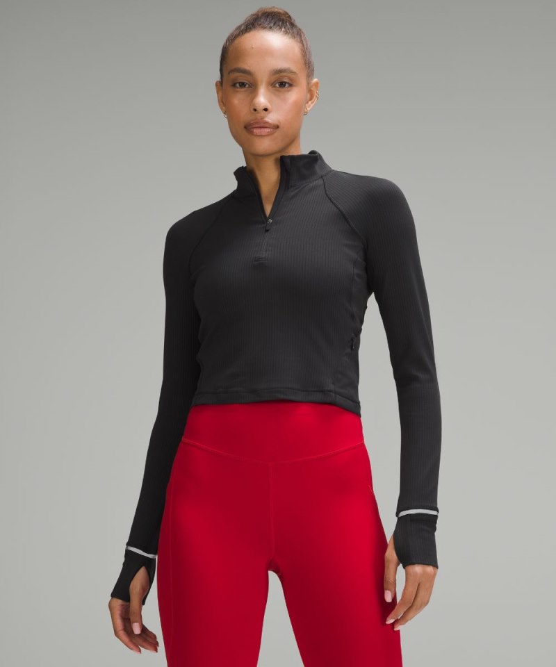 Lululemon It's Rulu Ribbed Cropped Half Zip Black Online Outlet Sale