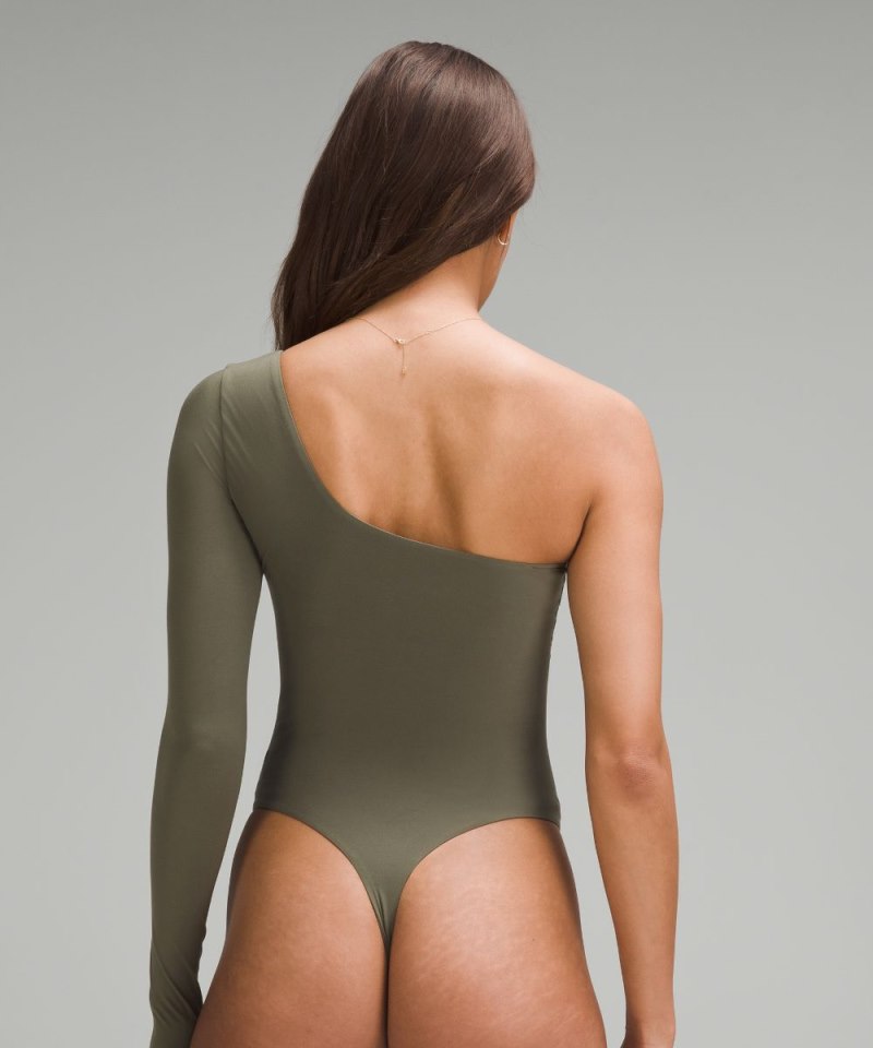Lululemon Wundermost Ultra-Soft Nulu Long-Sleeve One-Shoulder Bodysuit Army Green Online Outlet Sale