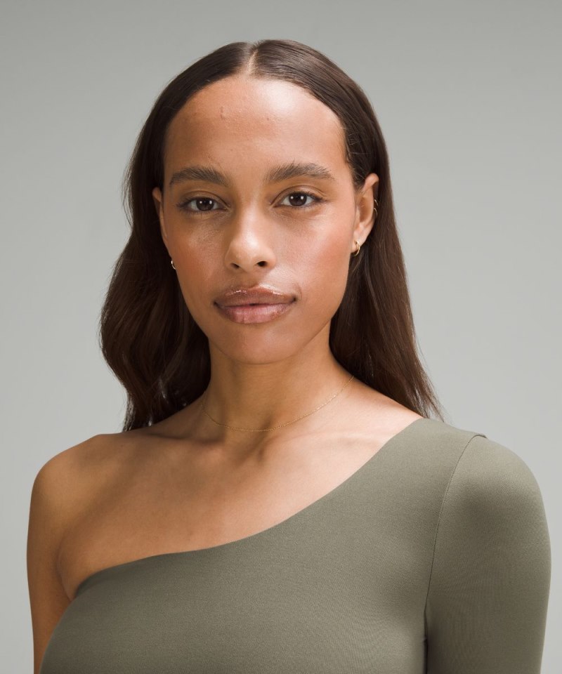 Lululemon Wundermost Ultra-Soft Nulu Long-Sleeve One-Shoulder Bodysuit Army Green Online Outlet Sale
