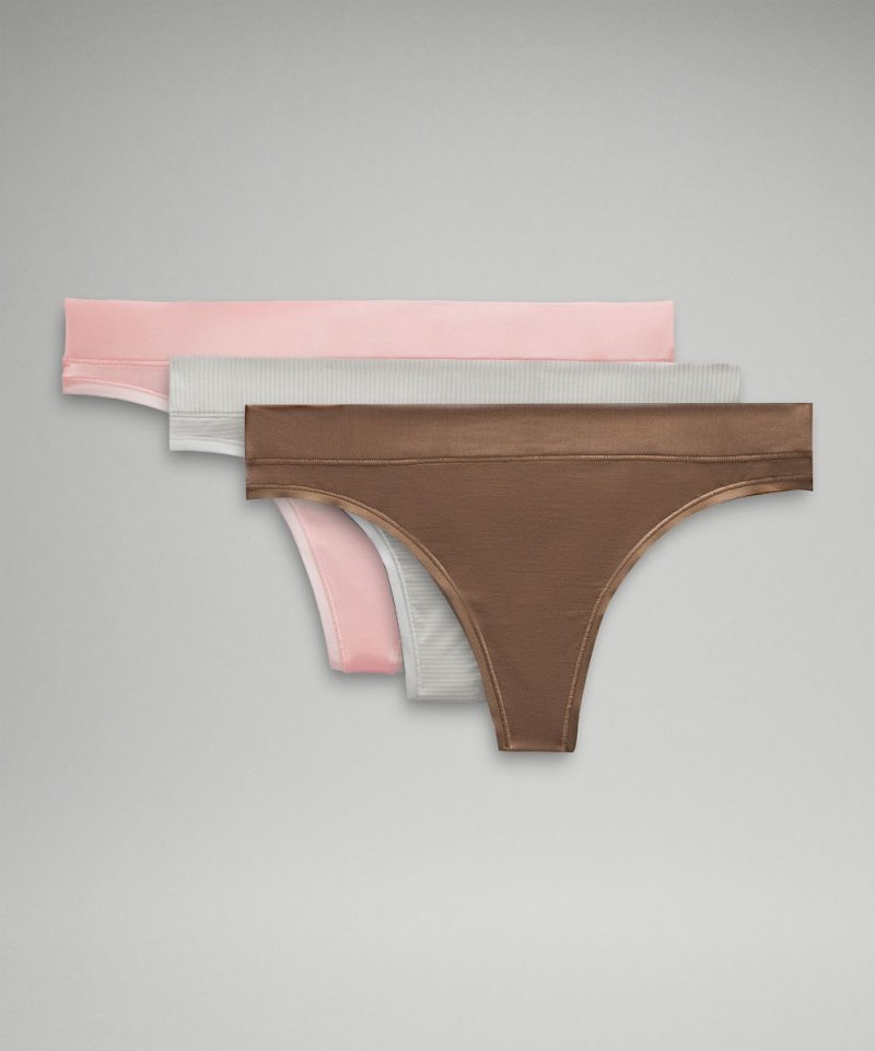 Lululemon UnderEase Mid-Rise Thong Underwear *3 Pack Strawberry Milkshake / Taupetastic / Jumie Stripe White Vapor Online Outlet Sale