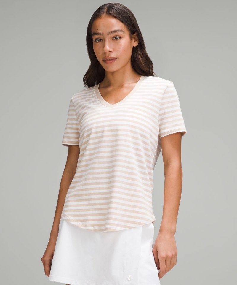 Lululemon Love V-Neck T-Shirt True Stripe Subtle Tan White Online Outlet Sale