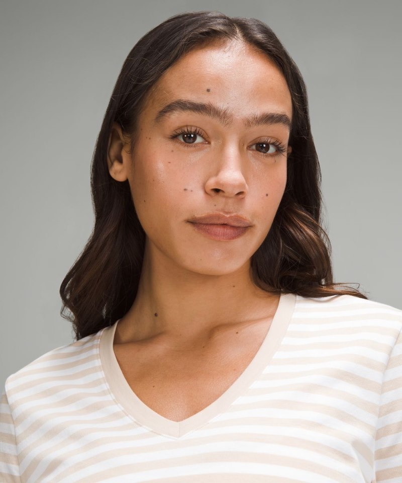 Lululemon Love V-Neck T-Shirt True Stripe Subtle Tan White Online Outlet Sale