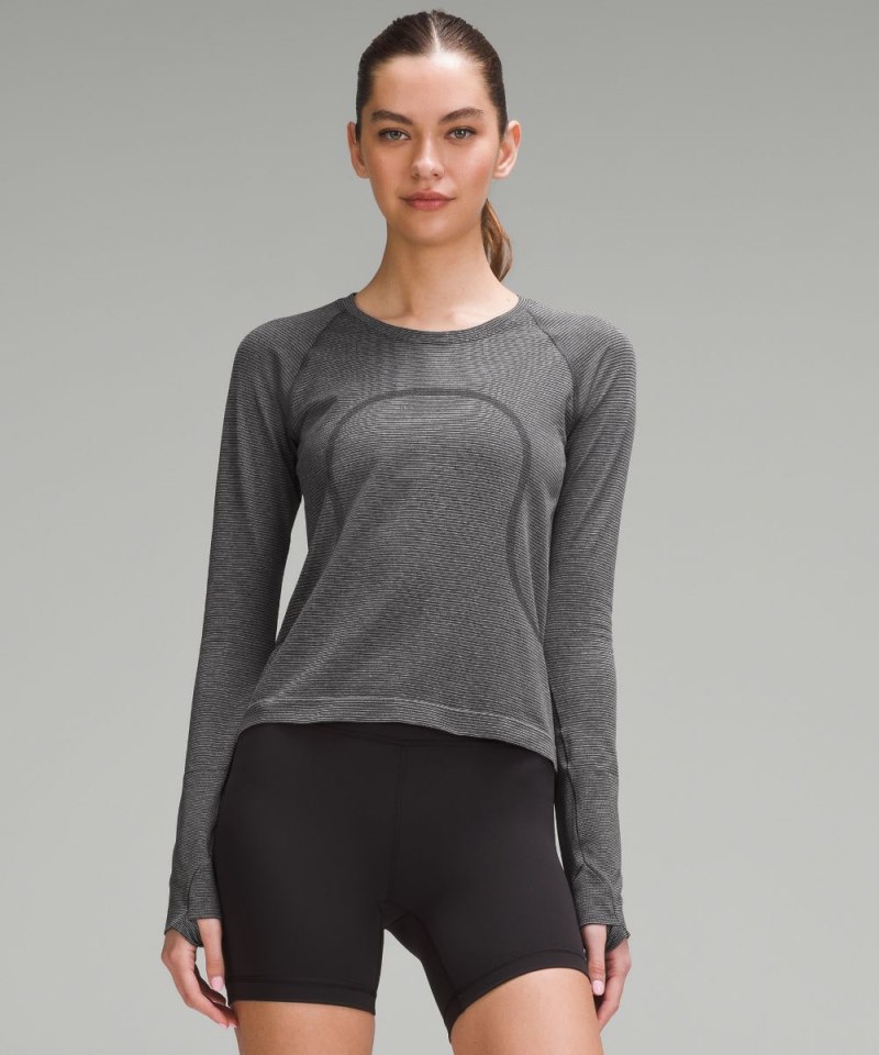 Lululemon Swiftly Tech Long-Sleeve Shirt 2.0 *Waist Length Spandex Stripe Black / White Online Outlet Sale