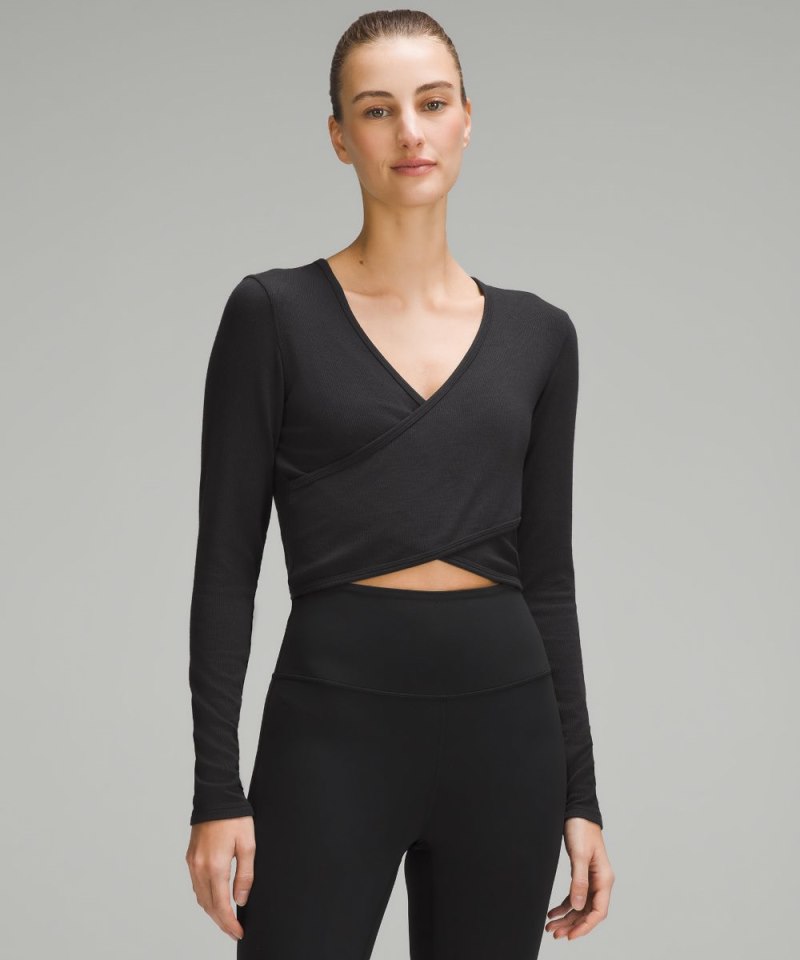 Lululemon Wrap-Front Ribbed Long-Sleeve Top Black Online Outlet Sale